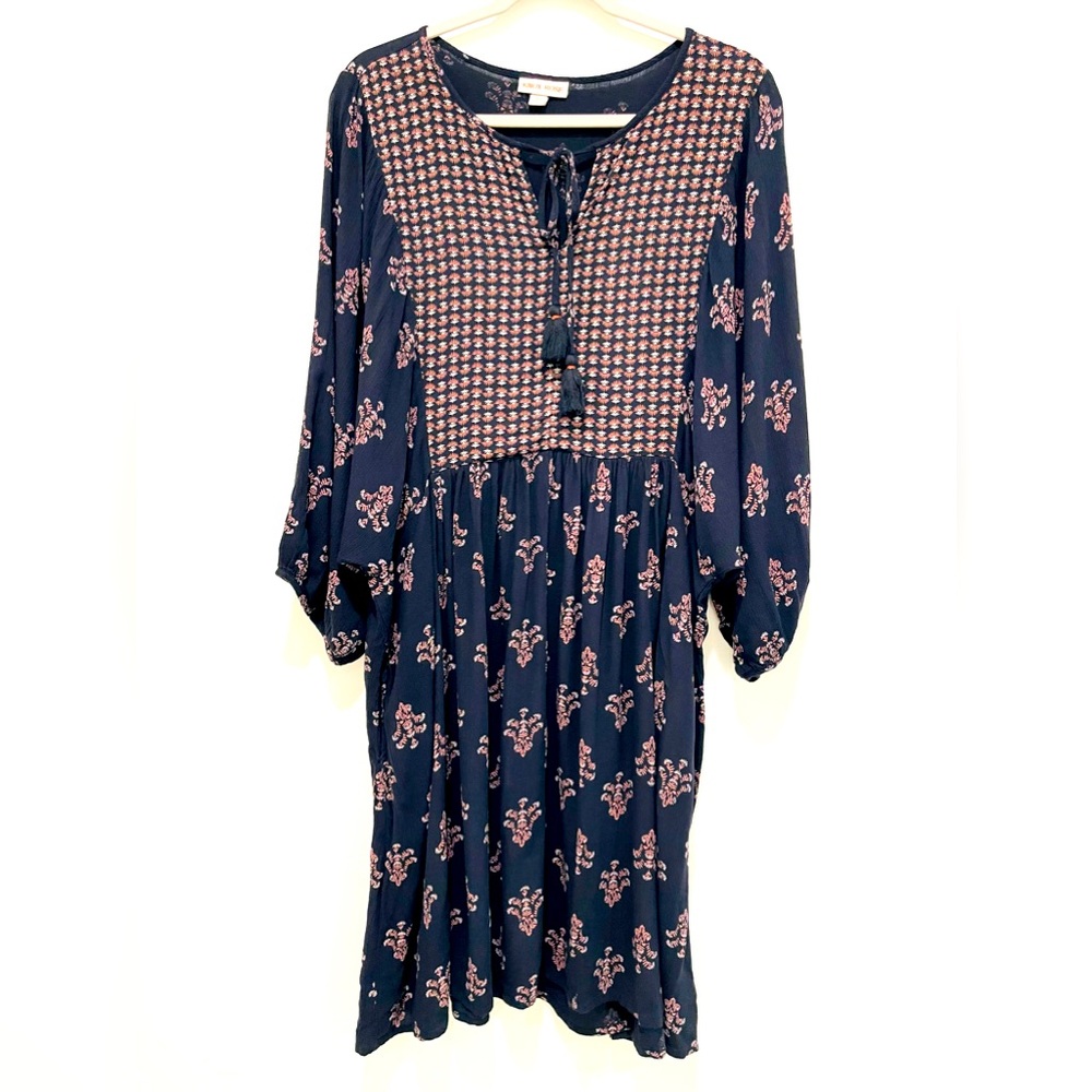 Knox Rose Women’s Boho Tunic Floral Print Black Top Tassel Pockets Size XXL